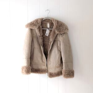 NWT H&M HM Tan Brown Shearling Furry Coat Aviator Jacket, size L